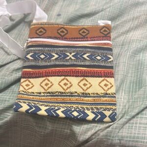 Brown and Blue Geometric Crossbody Bag with Tribal Patterns